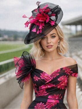 Kentucky Derby Hat Black and Pink Fascinator Tea Church Formal Spring Ready